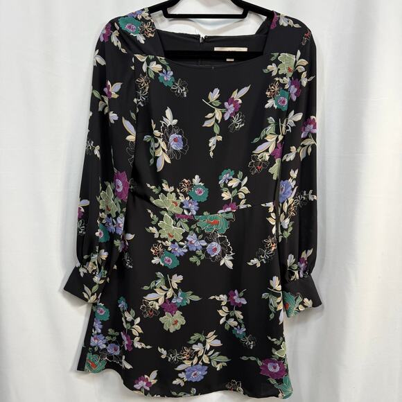 LOFT Black Square Neck Cuffs Sleeves Floral Mini Dress 0 - Picture 1 of 6